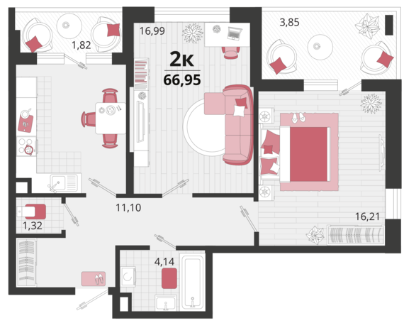 2-комнатная квартира №178 66,95 м2 от застройщика ГК ТОЧНО