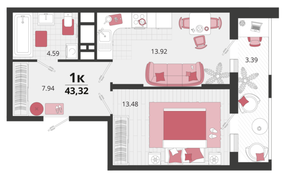 1-комнатная квартира №61 42,6 м2 от застройщика ГК ТОЧНО