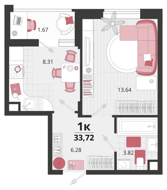 1-комнатная квартира №368 33,3 м2 от застройщика ГК ТОЧНО
