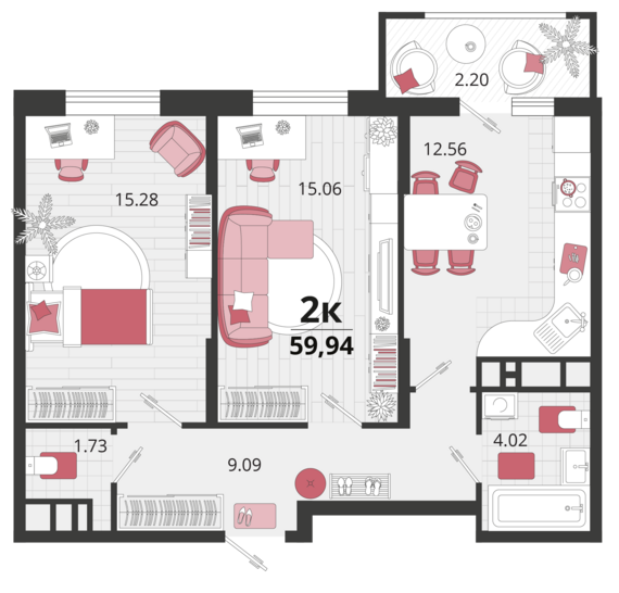 2-комнатная квартира №94 59,5 м2 от застройщика ГК ТОЧНО