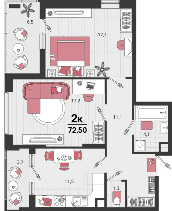 2-комнатная квартира №178 72,5 м2 от застройщика ГК ТОЧНО