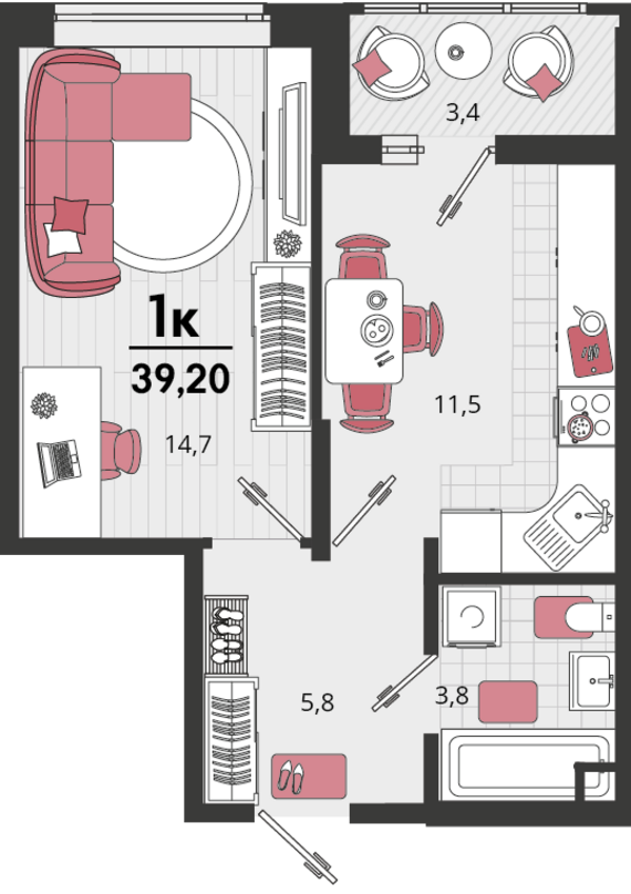 1-комнатная квартира №179 37,5 м2 от застройщика ГК ТОЧНО