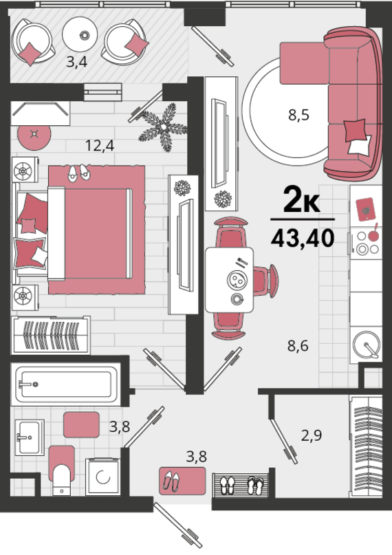 2-комнатная квартира №180 43,4 м2 от застройщика ГК ТОЧНО