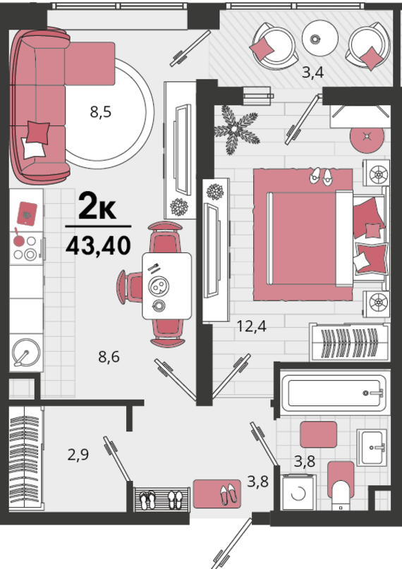 2-комнатная квартира №181 43,4 м2 от застройщика ГК ТОЧНО