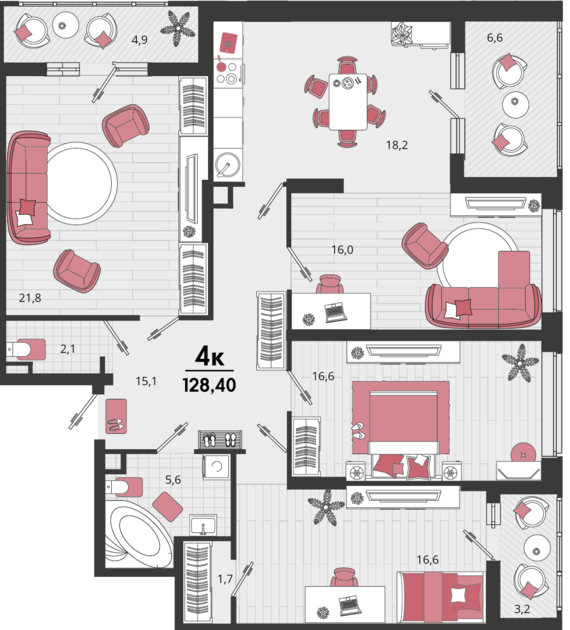 4-комнатная квартира №182 128,4 м2 от застройщика ГК ТОЧНО