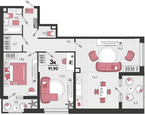 3-комнатная квартира №183 86,85 м2 от застройщика ГК ТОЧНО