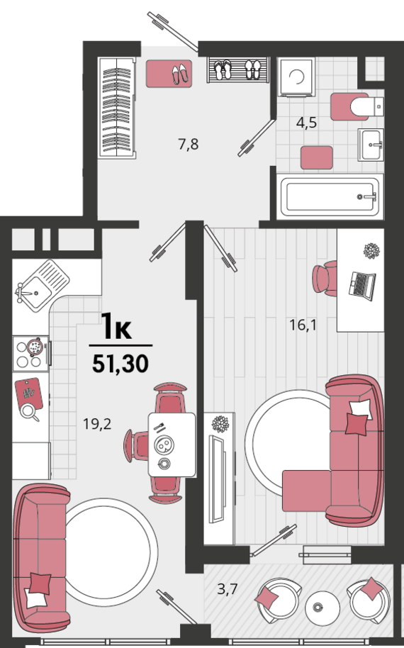 1-комнатная квартира №184 49,45 м2 от застройщика ГК ТОЧНО