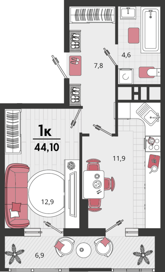 1-комнатная квартира №1 40,65 м2 от застройщика ГК ТОЧНО