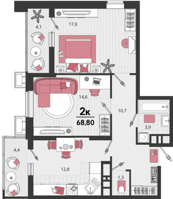 2-комнатная квартира №3 64,55 м2 от застройщика ГК ТОЧНО
