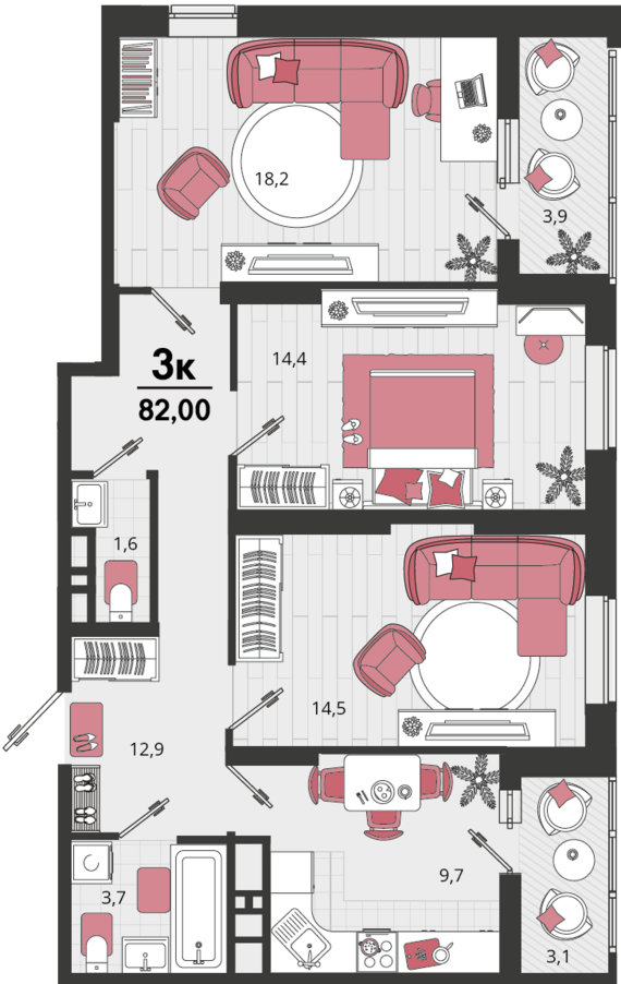 3-комнатная квартира №8 78,5 м2 от застройщика ГК ТОЧНО