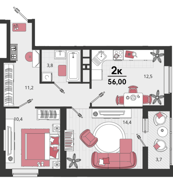 2-комнатная квартира №9 54,15 м2 от застройщика ГК ТОЧНО