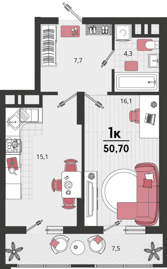 1-комнатная квартира №154 46,95 м2 от застройщика ГК ТОЧНО