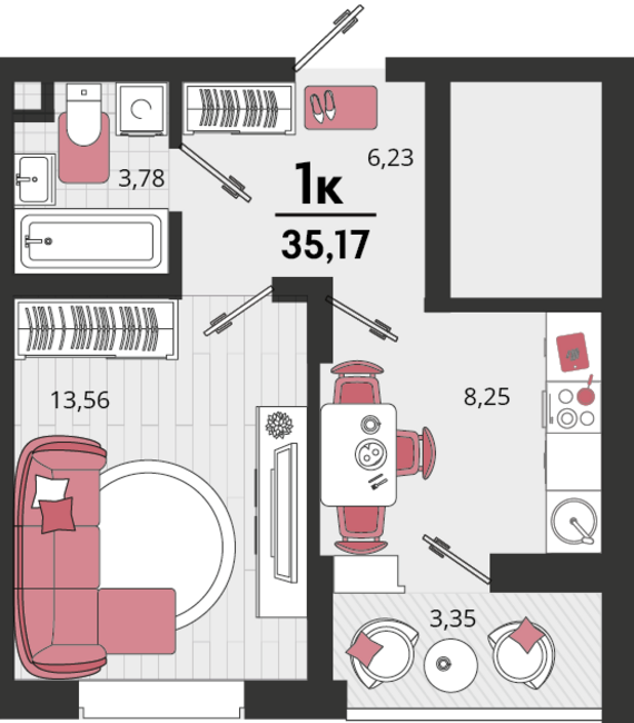 1-комнатная квартира №177 35,17 м2 от застройщика ГК ТОЧНО