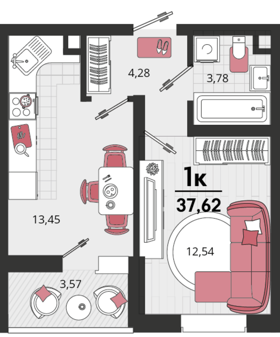 1-комнатная квартира №178 35,83 м2 от застройщика ГК ТОЧНО