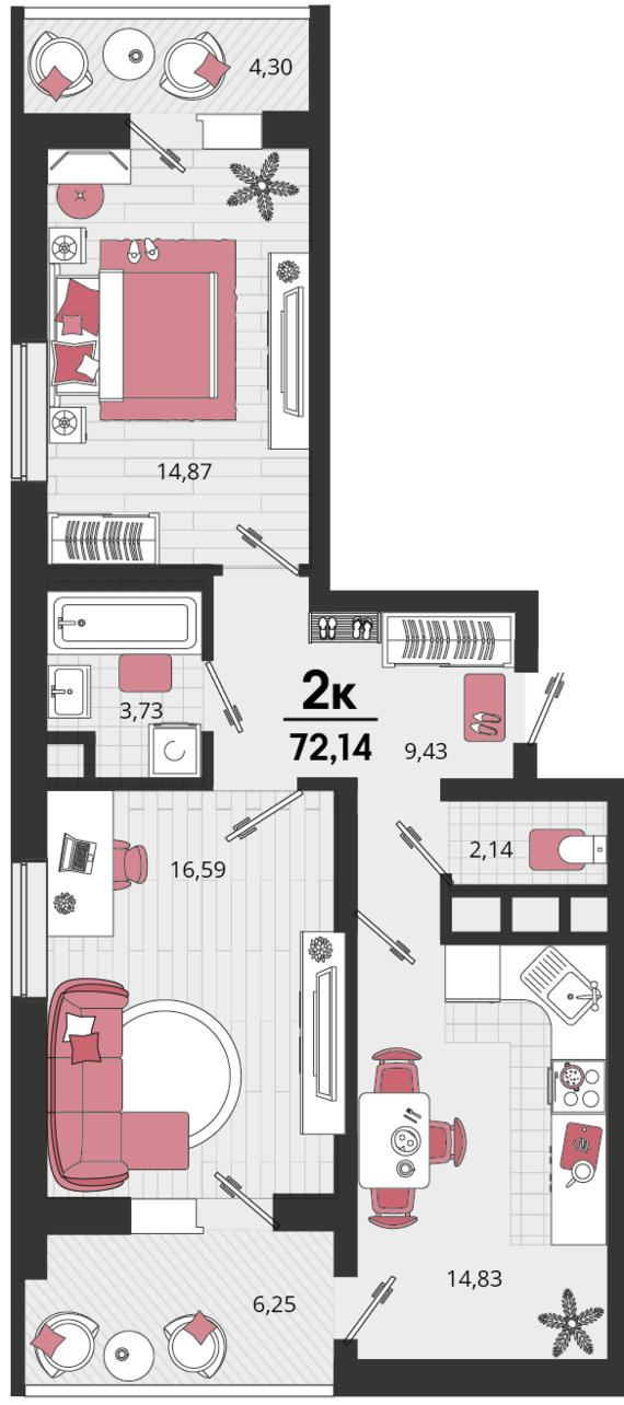 2-комнатная квартира №179 72,14 м2 от застройщика ГК ТОЧНО