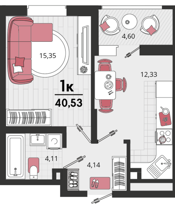 1-комнатная квартира №180 38,23 м2 от застройщика ГК ТОЧНО