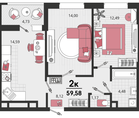 2-комнатная квартира №181 59,58 м2 от застройщика ГК ТОЧНО