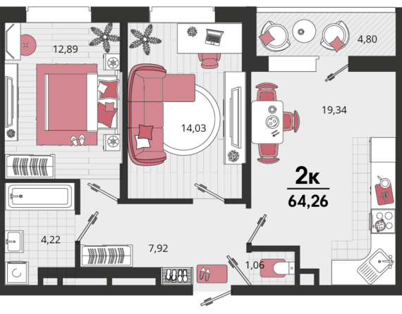 2-комнатная квартира №182 64,26 м2 от застройщика ГК ТОЧНО