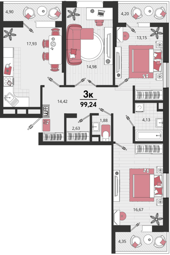 3-комнатная квартира №183 99,24 м2 от застройщика ГК ТОЧНО