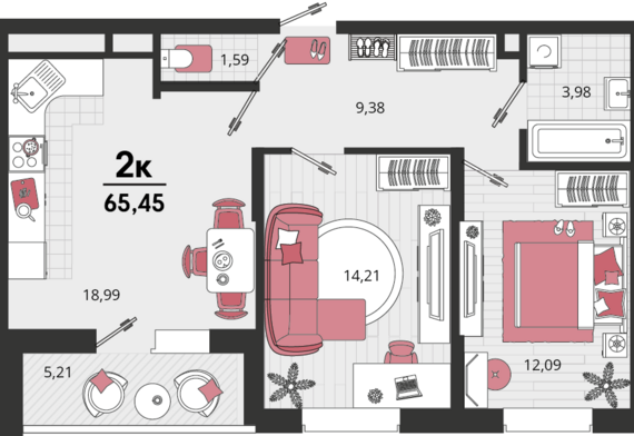 2-комнатная квартира №184 65,45 м2 от застройщика ГК ТОЧНО