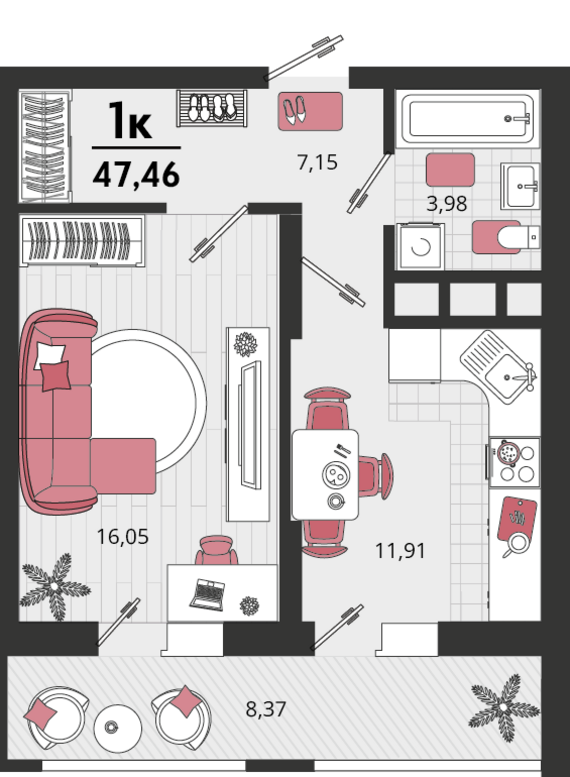 1-комнатная квартира №1 43,27 м2 от застройщика ГК ТОЧНО