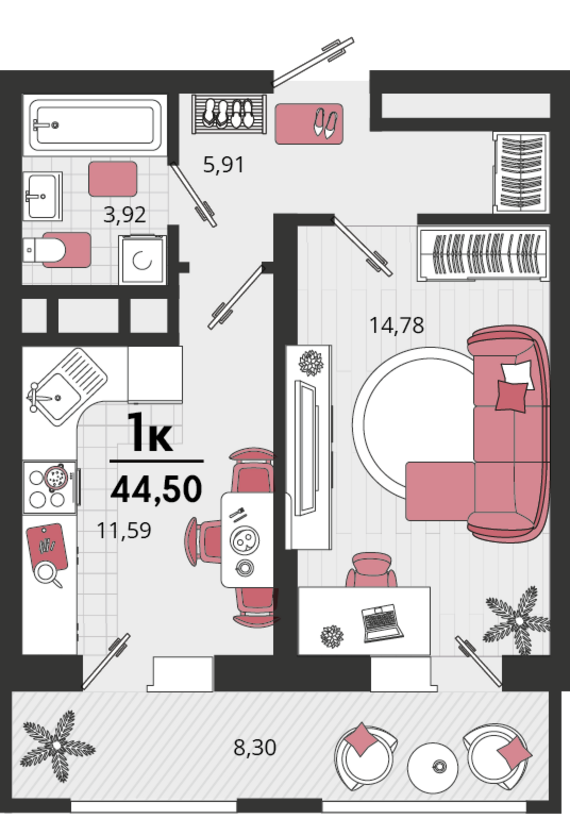 1-комнатная квартира №2 40,35 м2 от застройщика ГК ТОЧНО