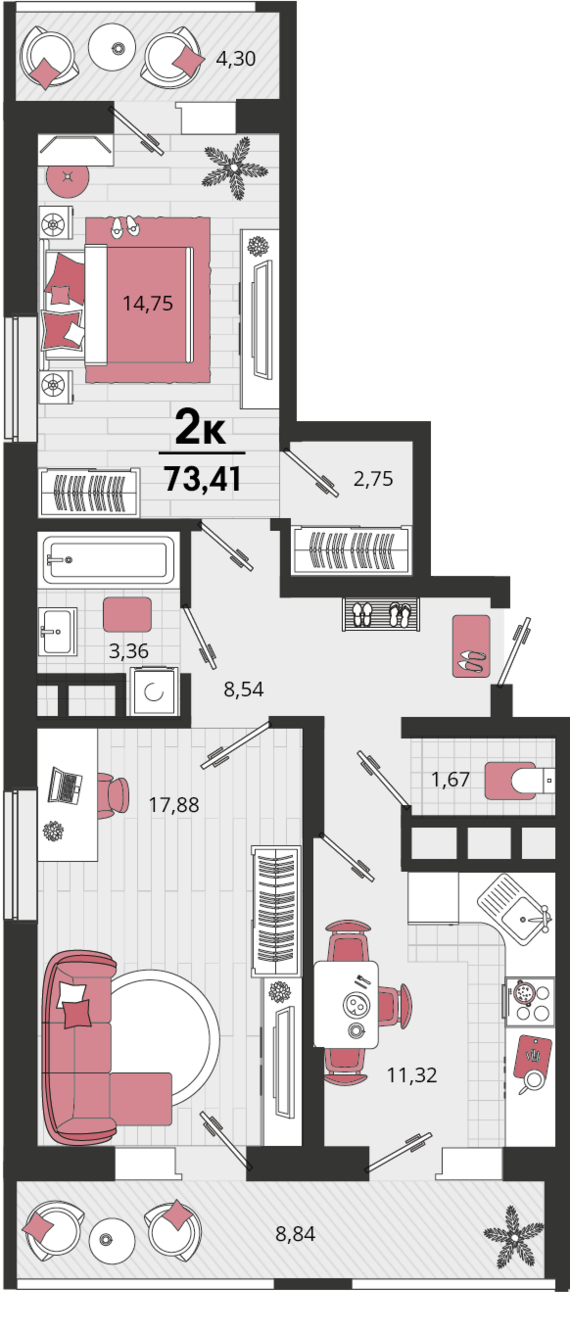 2-комнатная квартира №3 73,41 м2 от застройщика ГК ТОЧНО