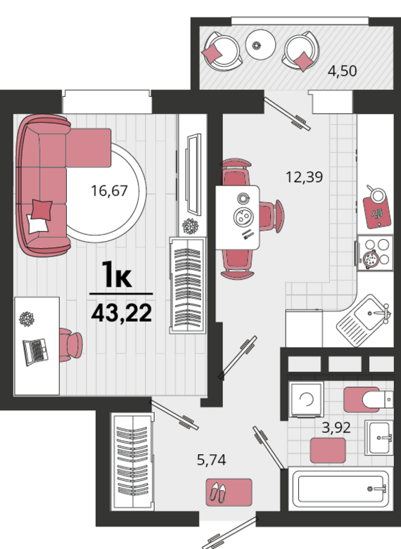 1-комнатная квартира №4 40,97 м2 от застройщика ГК ТОЧНО