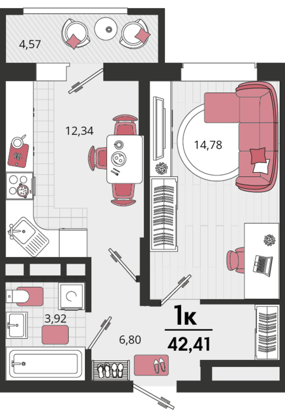 1-комнатная квартира №5 42,41 м2 от застройщика ГК ТОЧНО
