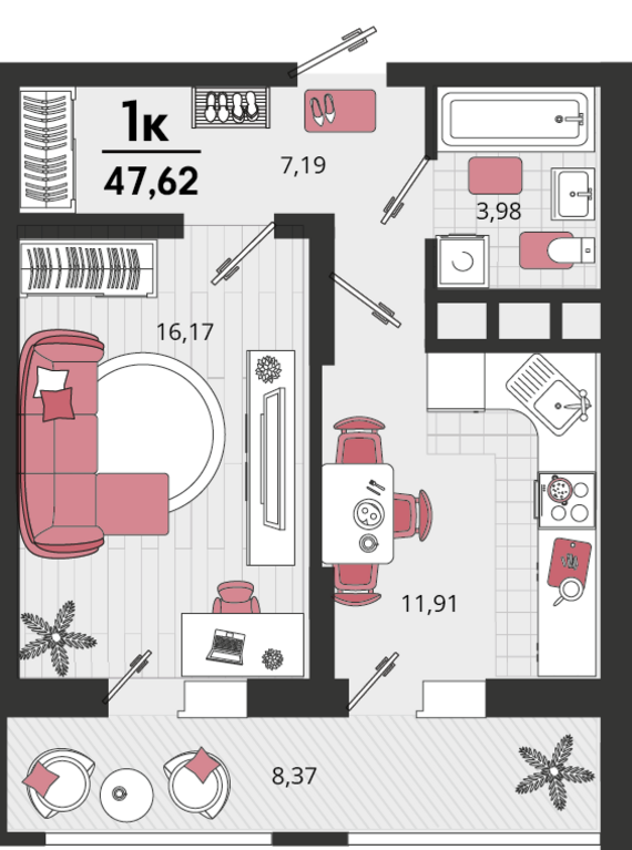1-комнатная квартира №166 47,62 м2 от застройщика ГК ТОЧНО