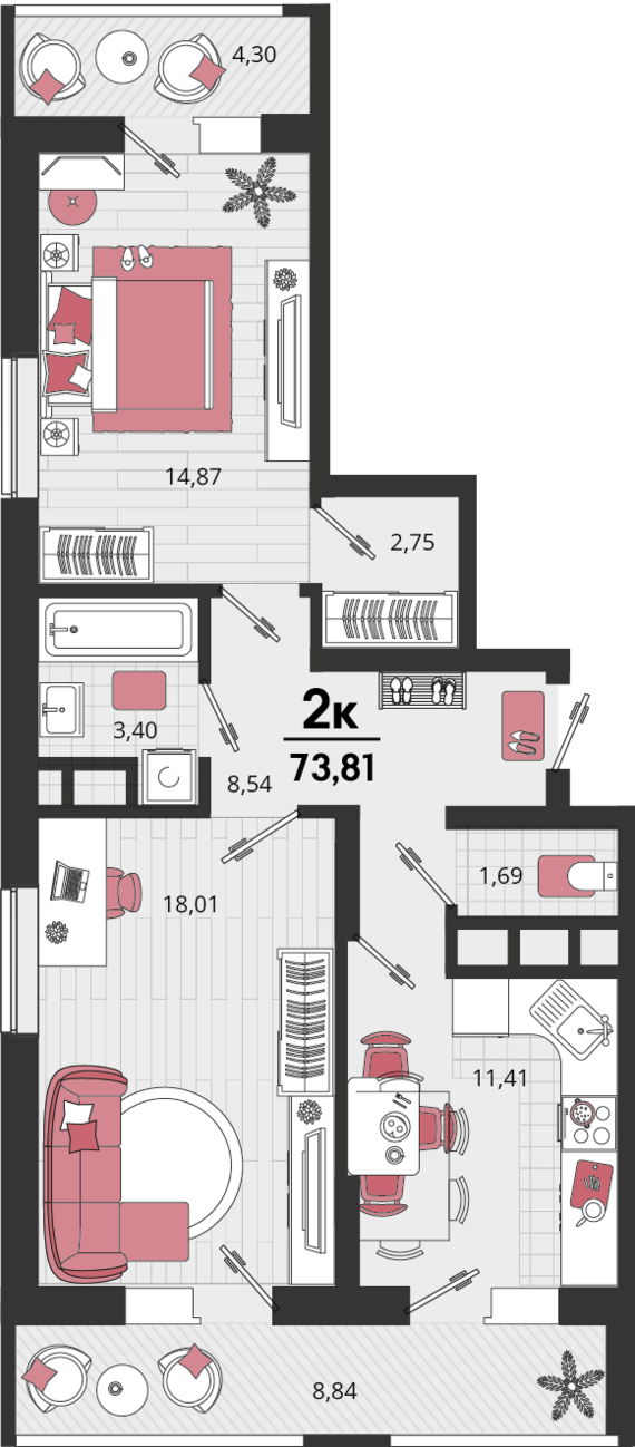 2-комнатная квартира №135 67,24 м2 от застройщика ГК ТОЧНО