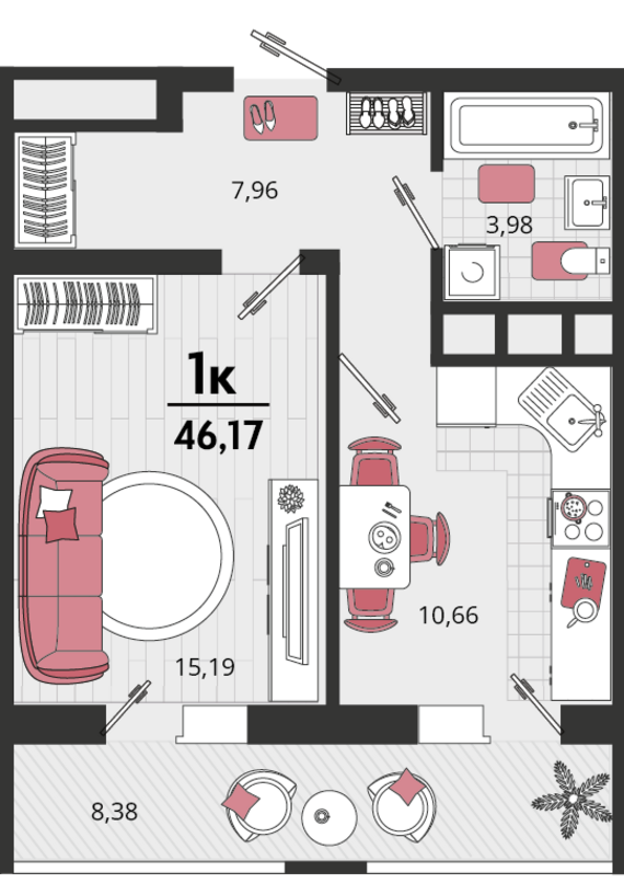 1-комнатная квартира №175 46,17 м2 от застройщика ГК ТОЧНО