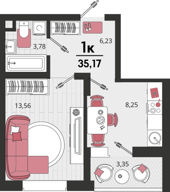 1-комнатная квартира №161 35,17 м2 от застройщика ГК ТОЧНО