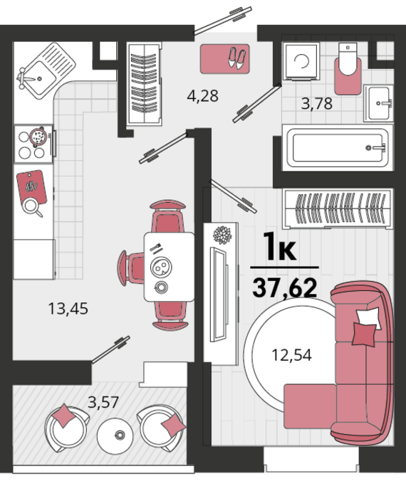 1-комнатная квартира №162 37,62 м2 от застройщика ГК ТОЧНО