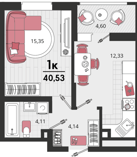 1-комнатная квартира №164 40,53 м2 от застройщика ГК ТОЧНО