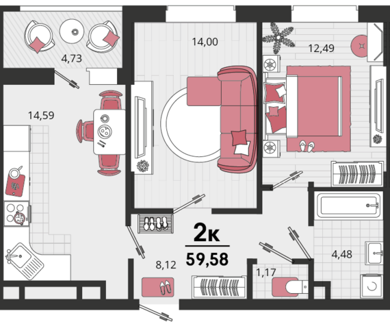 2-комнатная квартира №165 59,58 м2 от застройщика ГК ТОЧНО