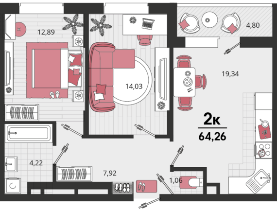 2-комнатная квартира №166 64,26 м2 от застройщика ГК ТОЧНО