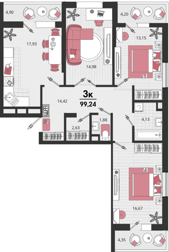 3-комнатная квартира №167 99,24 м2 от застройщика ГК ТОЧНО
