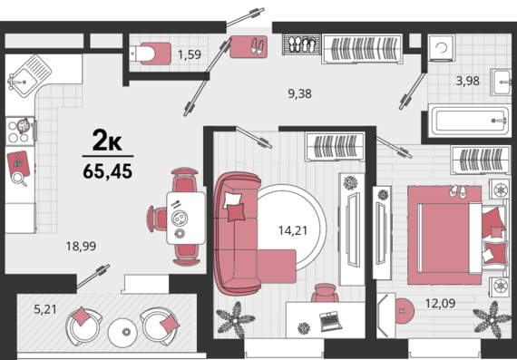 2-комнатная квартира №168 62,84 м2 от застройщика ГК ТОЧНО