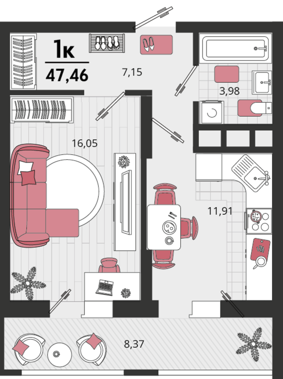1-комнатная квартира №1 47,46 м2 от застройщика ГК ТОЧНО