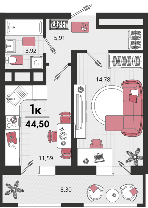 1-комнатная квартира №2 40,35 м2 от застройщика ГК ТОЧНО