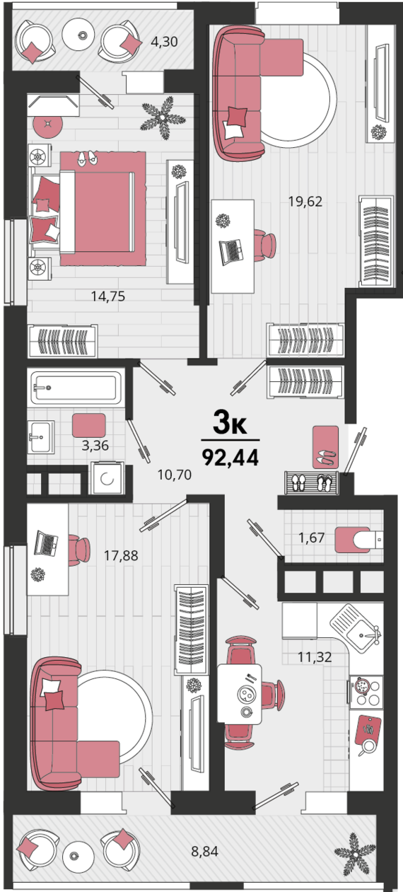 3-комнатная квартира №3 85,87 м2 от застройщика ГК ТОЧНО
