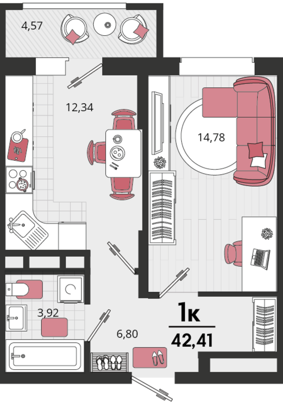 1-комнатная квартира №5 40,12 м2 от застройщика ГК ТОЧНО