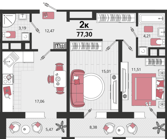 2-комнатная квартира №10 70,37 м2 от застройщика ГК ТОЧНО