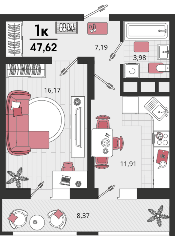 1-комнатная квартира №21 43,43 м2 от застройщика ГК ТОЧНО