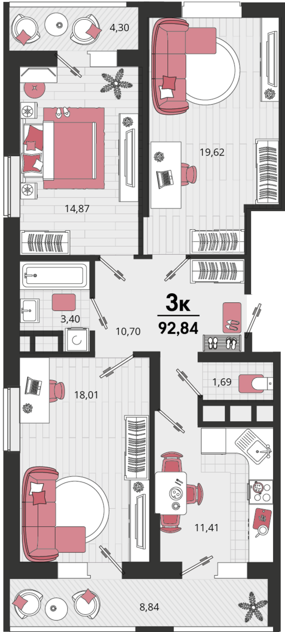 3-комнатная квартира №63 86,27 м2 от застройщика ГК ТОЧНО