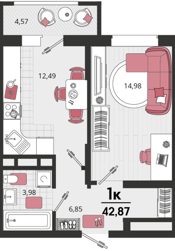 1-комнатная квартира №135 40,58 м2 от застройщика ГК ТОЧНО