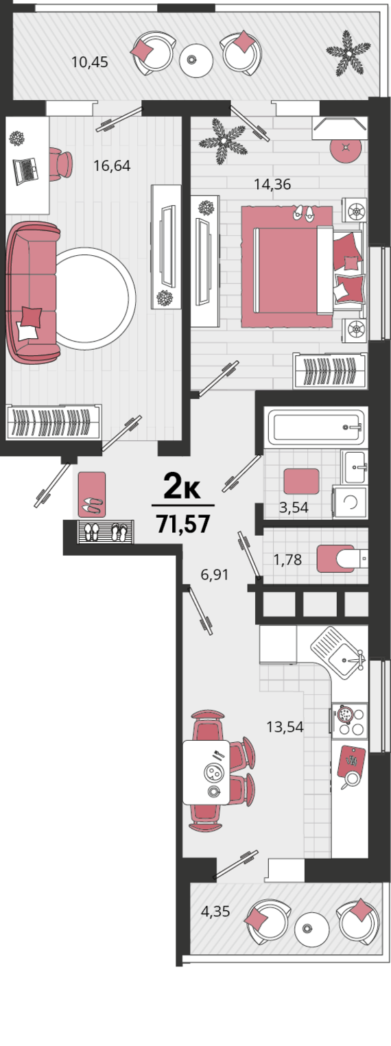 2-комнатная квартира №89 64,16 м2 от застройщика ГК ТОЧНО