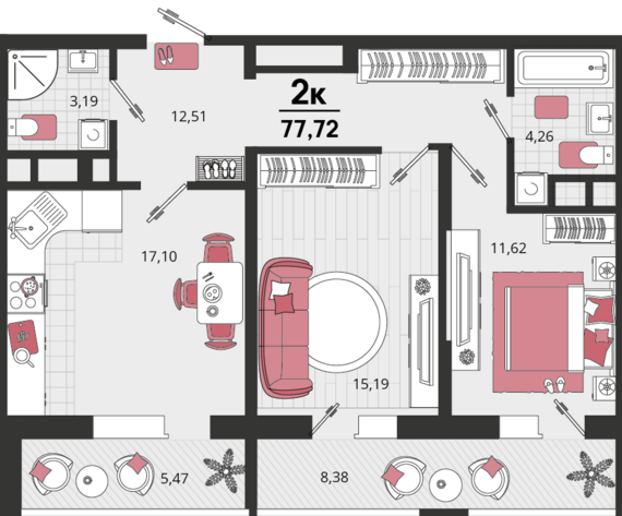 2-комнатная квартира №130 70,79 м2 от застройщика ГК ТОЧНО