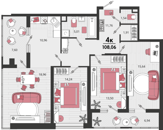 4-комнатная квартира №177 100,79 м2 от застройщика ГК ТОЧНО